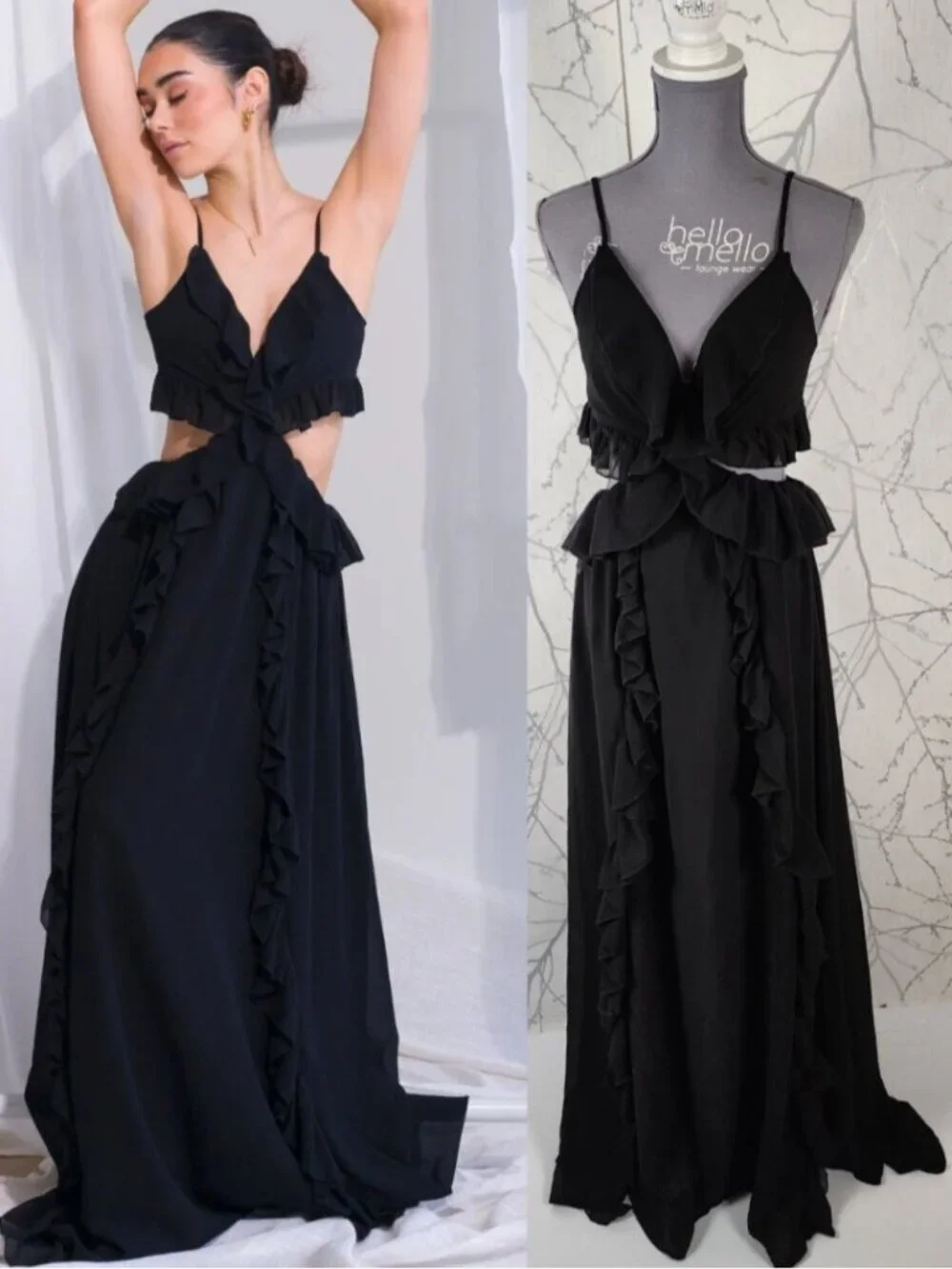 Okakie Black Ruffle Chiffon Strappy Cutout Maxi Dress